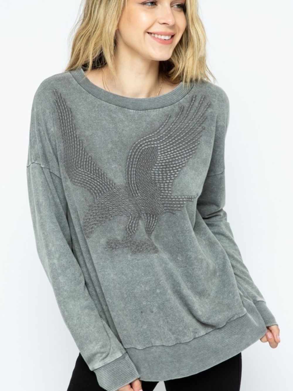 4-0901 Washed Gray Eagle Embossed Crewneck Sweatshirt